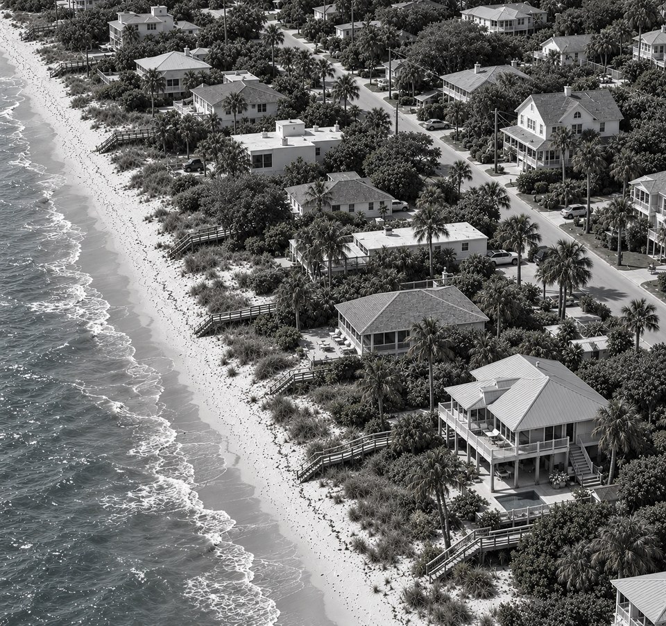 Black-and-white aerial view of coastal homes and beachfront with a red geometric highlight